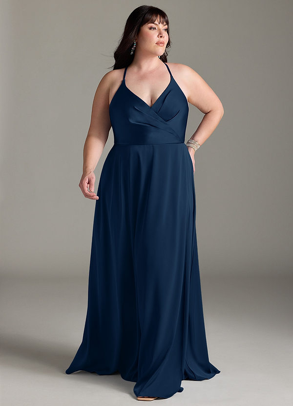 Azazie Davis Bridesmaid Dresses Dark Navy A-Line Pleated Stretch Satin Dress image1