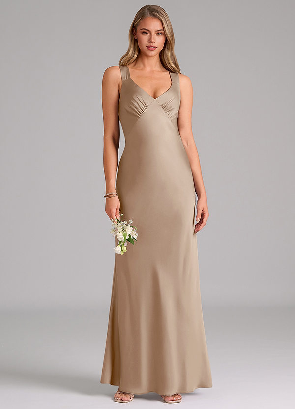 Azazie Kamila Bridesmaid Dresses Taupe A-Line Pleated Stretch Satin Dress image1