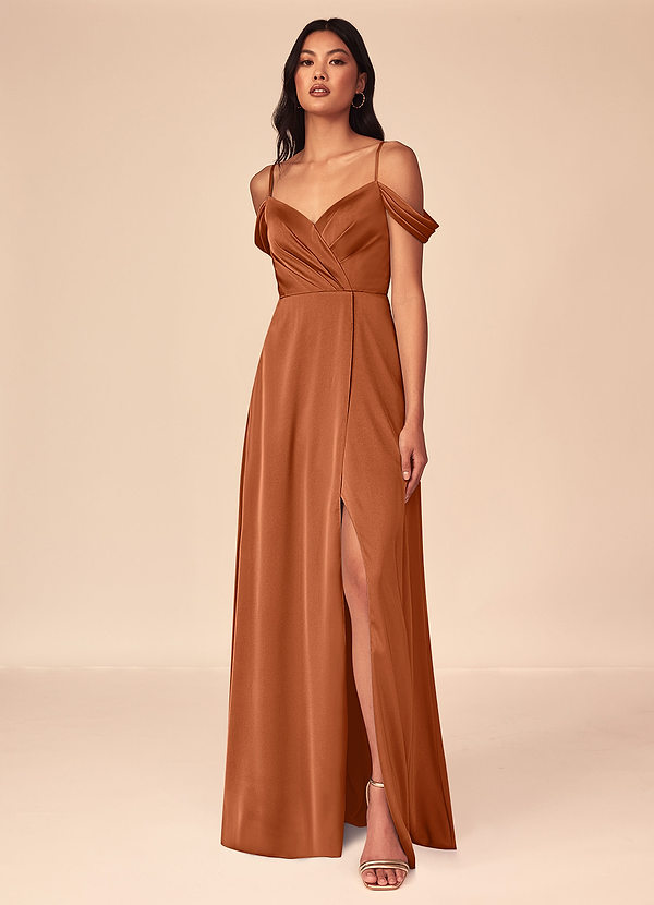 Azazie Ocean Bridesmaid Dresses Copper A-Line V-Neck Pleated Stretch Satin Dress image1