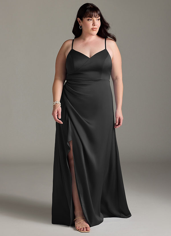 Azazie Marchella Vestidos Dama de Honor Vestido de Negro de Satén Elástico de Corte en A con Corsé image1
