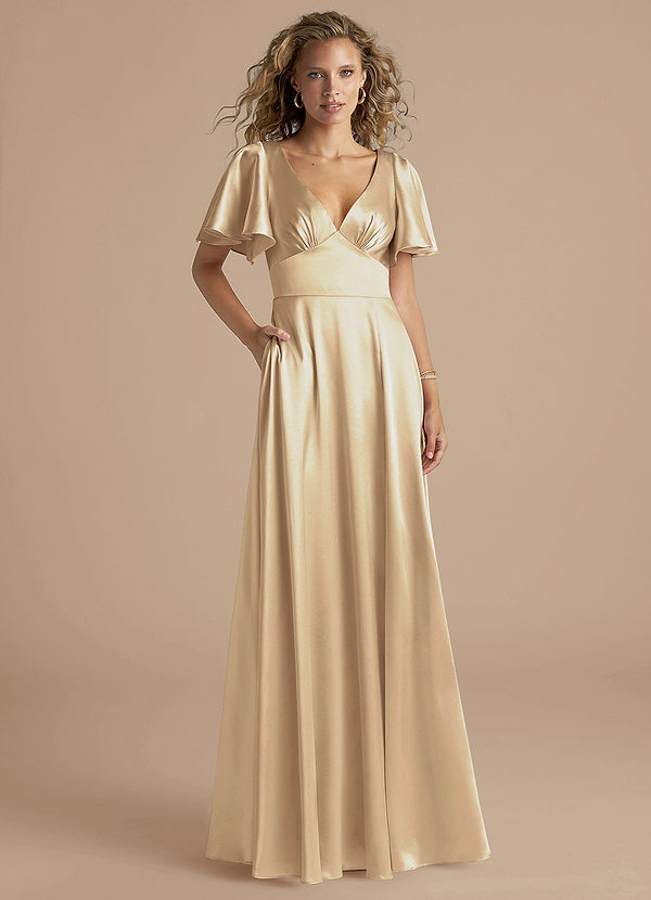 Azazie Kimber Bridesmaid Dresses Champagne A-Line Ruched Metallic Satin Dress image1