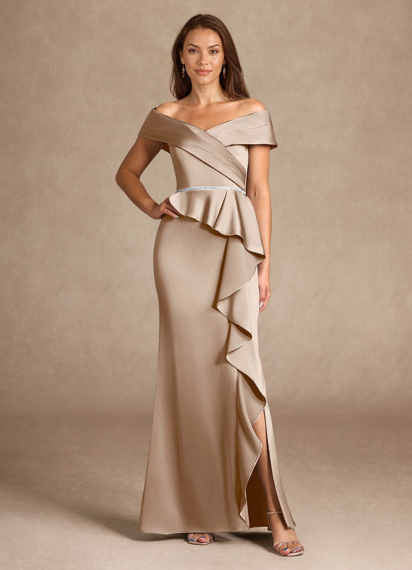 Azazie Dareia Moeder van de Bruid Jurken Zeemeermin Jurk van Stretch Satijn Off the Shoulder Taupe image1