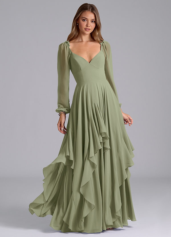 Azazie Karan Brautjungfernkleider A-Linie Langarm Chiffon Kleid Pistazie image1