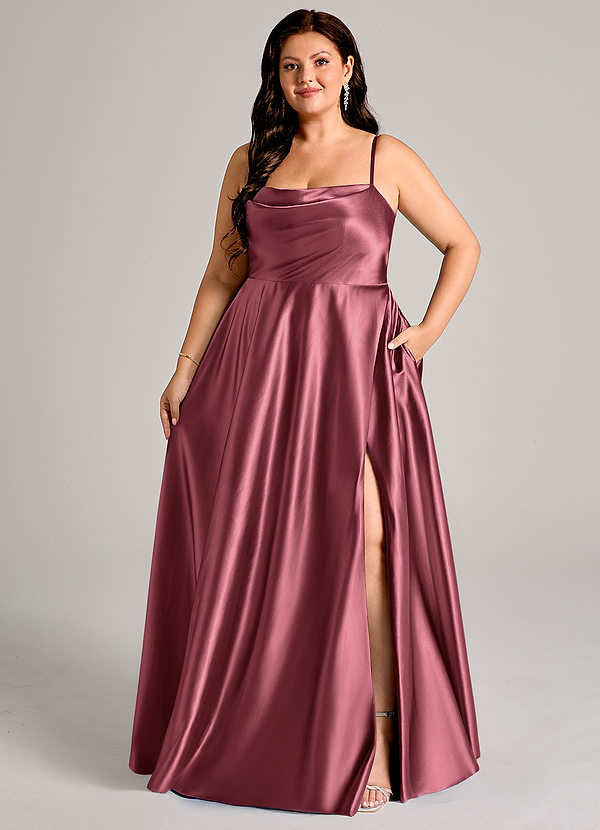 Azazie Elle Bridesmaid Dresses Desert Rose A-Line with Pockets Metallic Satin Dress image1