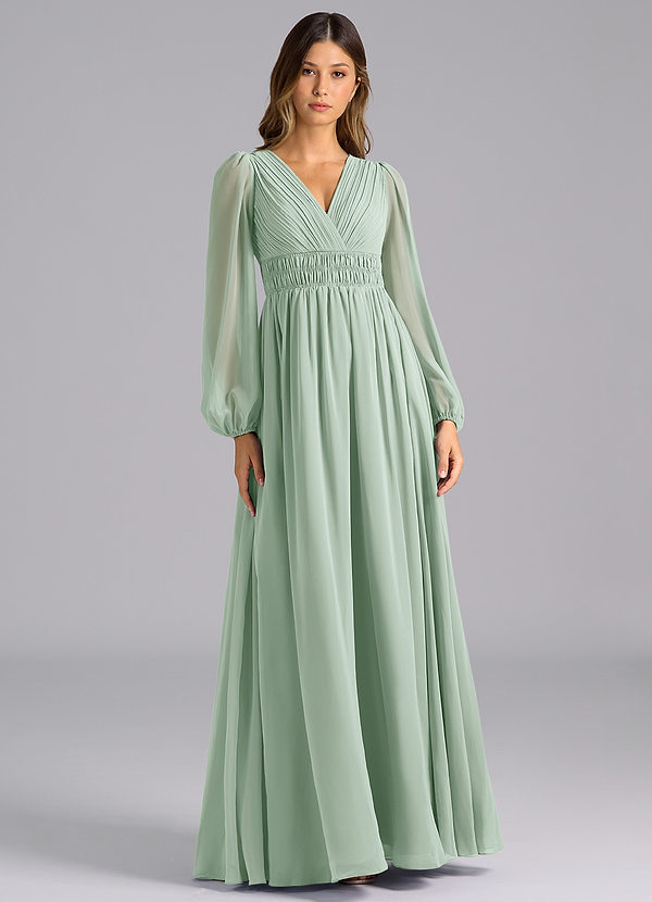 Azazie Palerma Brautjungfernkleider A-Linie Langarm Chiffon Kleid Agave image1