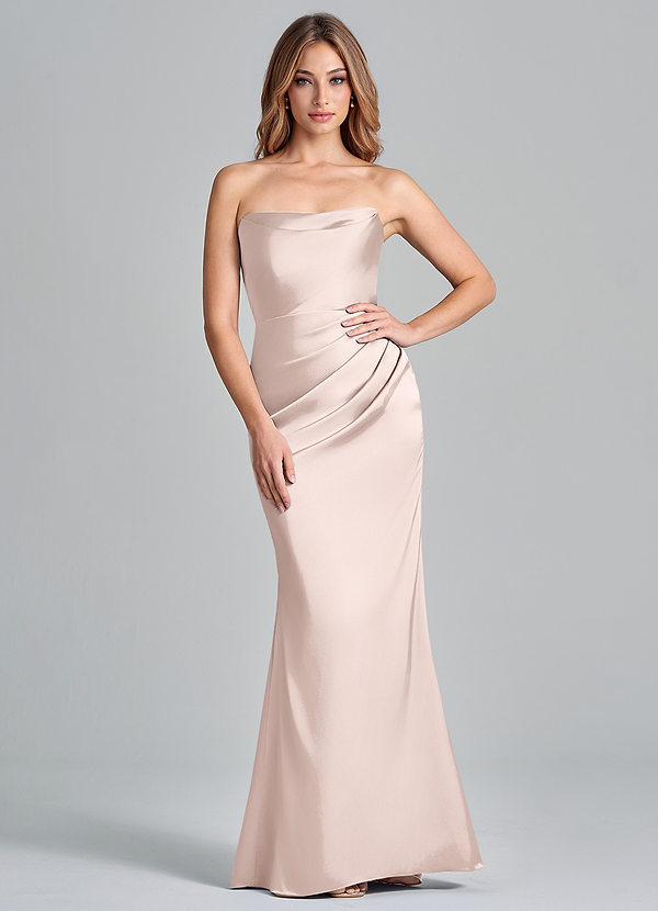 Azazie Olea 신부 들러리 드레스 인어 스트랩리스 스트레치 새틴 바닥 길이 드레스 image1