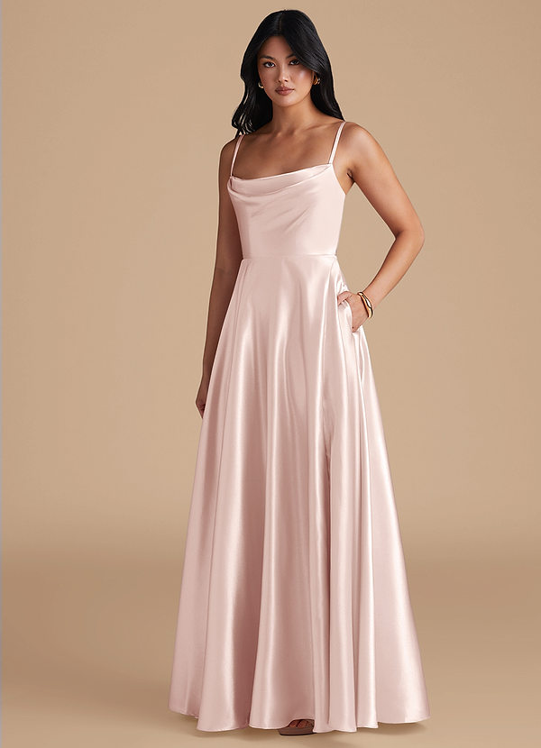 Azazie Elle Bridesmaid Dresses Blushing Pink A-Line with Pockets Metallic Satin Dress image1