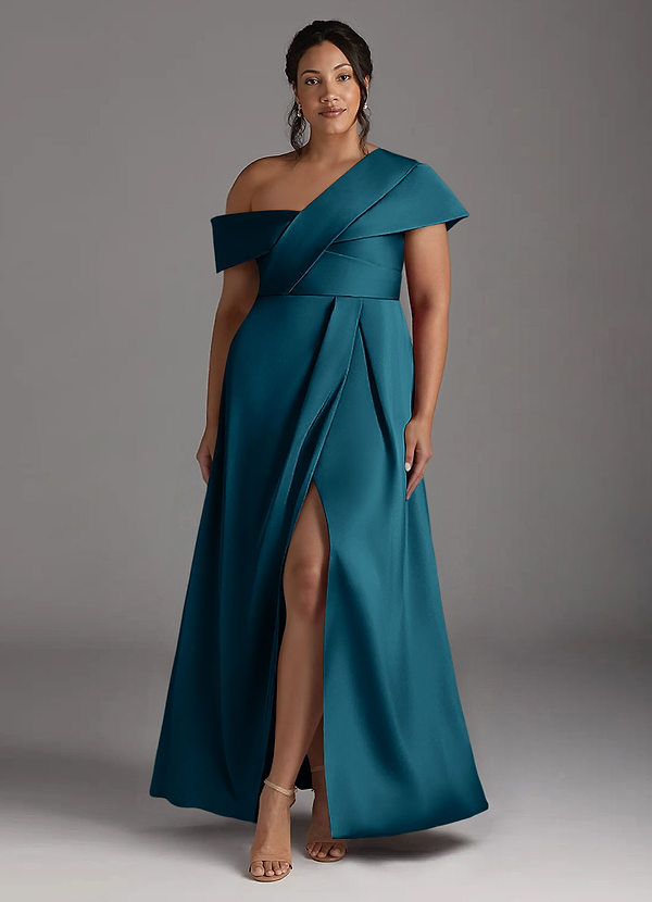 Azazie Milton Robe Mère de la Mariée & du Marié Robe Trapèze en Satin extensible Plissée Bleu Encre image1
