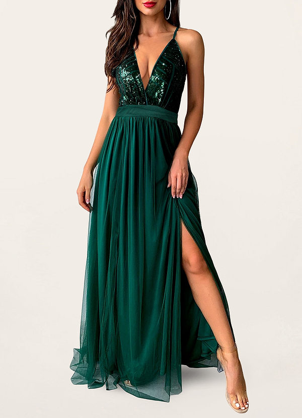 front Sweep Of Romance Dark Emerald Sequin Maxi Dress