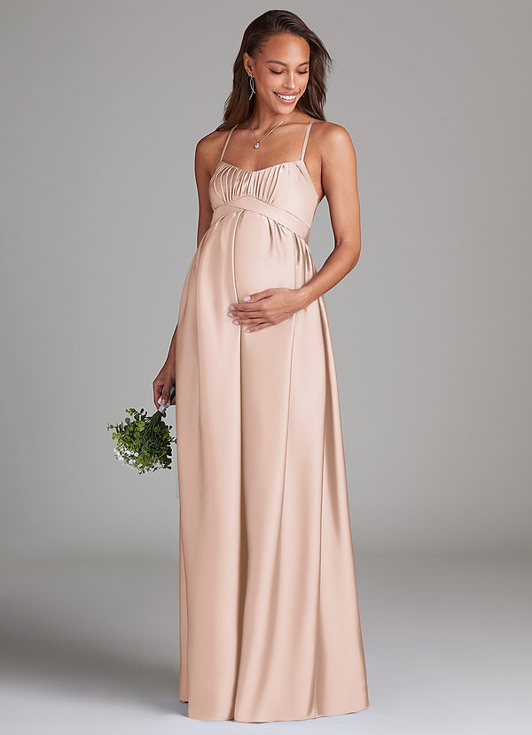 Azazie Llana Maternity Bridesmaid Dresses A-Line Stretch Satin Floor-Length Dress with Pockets image1