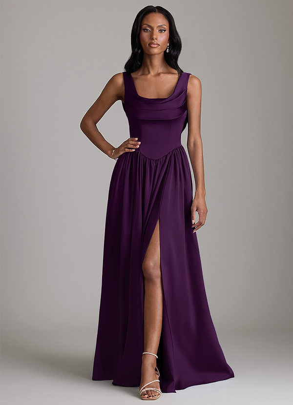 Azazie Novi Bridesmaid Dresses Grape A-Line with Pockets Stretch Satin Dress image1