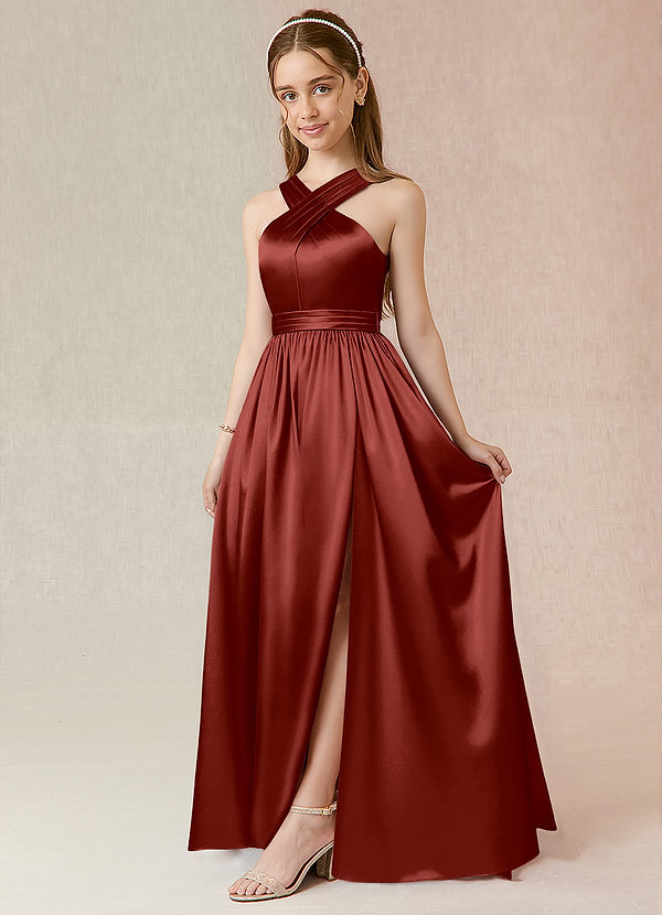 Azazie Jiya Junior Robe Trapèze en Satiné métallisé Plissée Terracotta image1