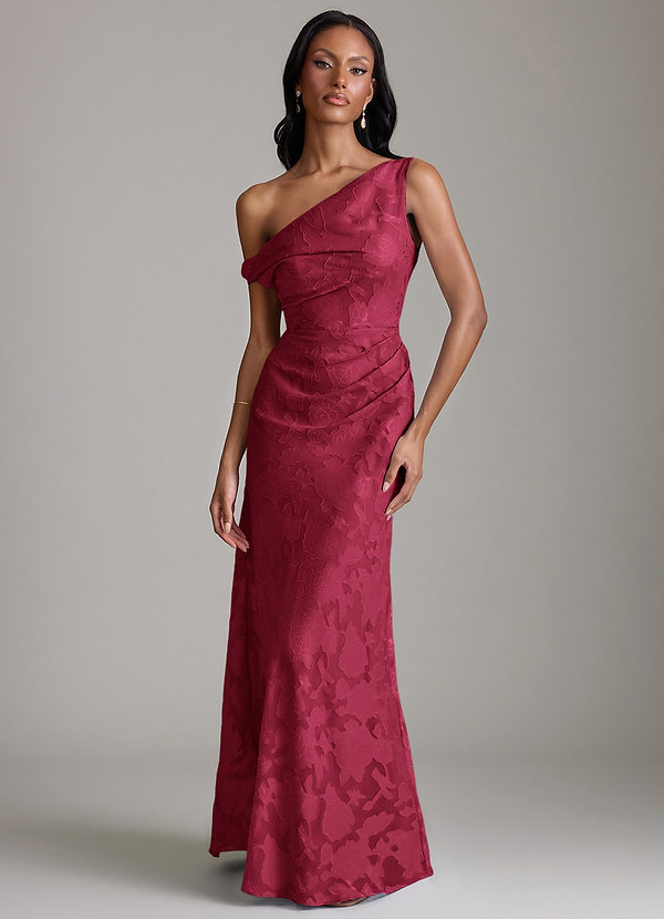 Azazie Emerson Bridesmaid Dresses Vestido Borgonha de Esgotamento Floral de sereia com Fora do ombro image1