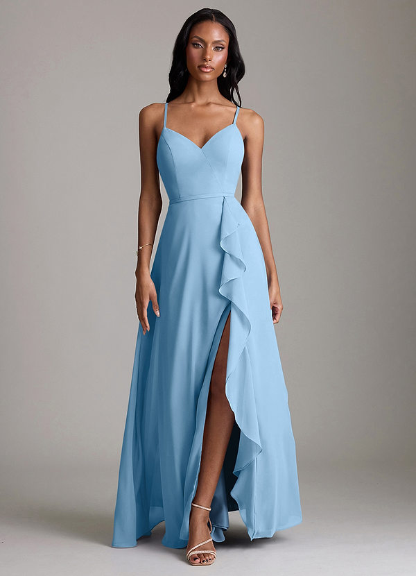 Azazie Naeem Bridesmaid Dresses Steel Blue A-Line V-Neck Ruffle Chiffon Dress image1