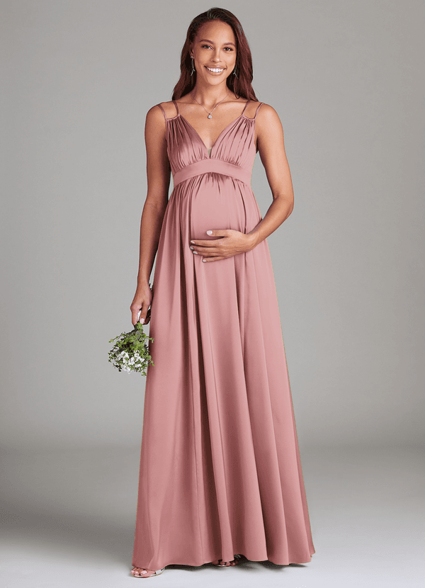 Azazie Emree Gravid brudtärna Klänningar Klänning A-Linje med fickor Golvlängd Stretch Satin image1