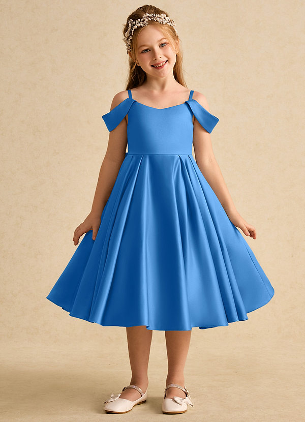 Azazie Favia Flower Girl Dresses Blue Jay A-Line Off the Shoulder Matte Satin Dress image1