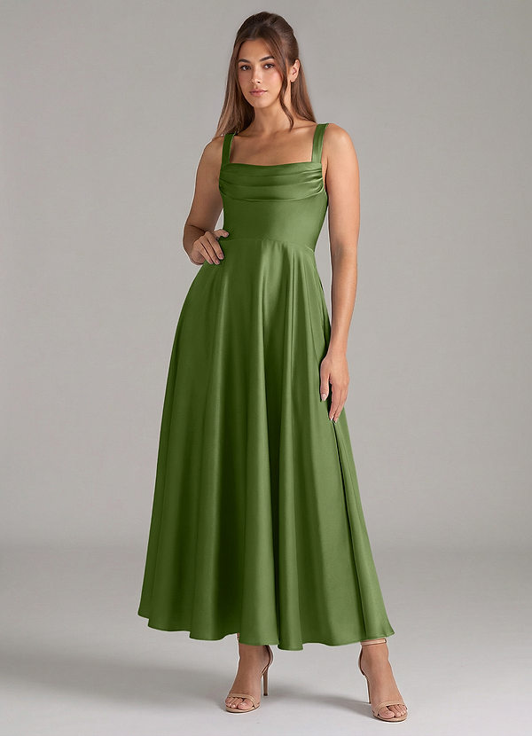 Azazie Shaude Bridesmaid Dresses Juniper A-Line Pleated Stretch Satin Dress image1