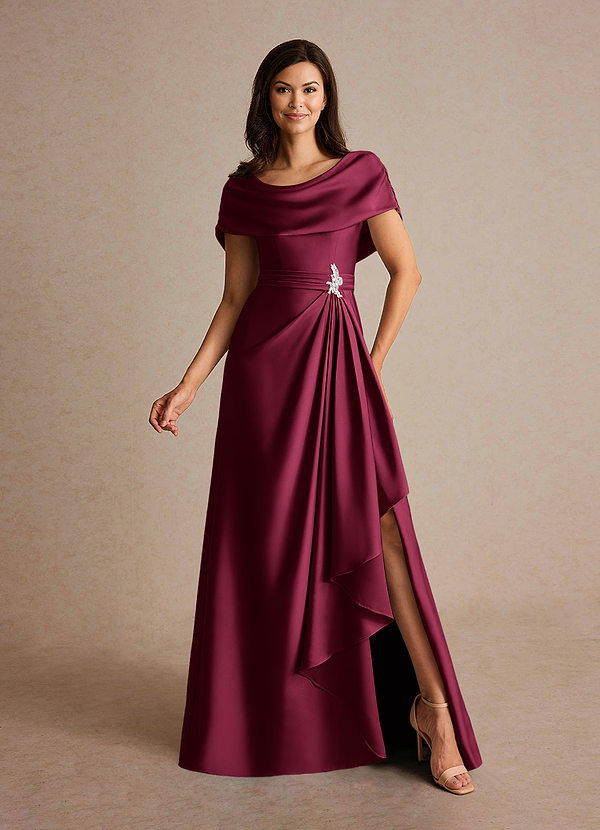Azazie Branford Robes de mère de la mariée Robe Trapèze en Satin extensible Plissé Bourgogne image1