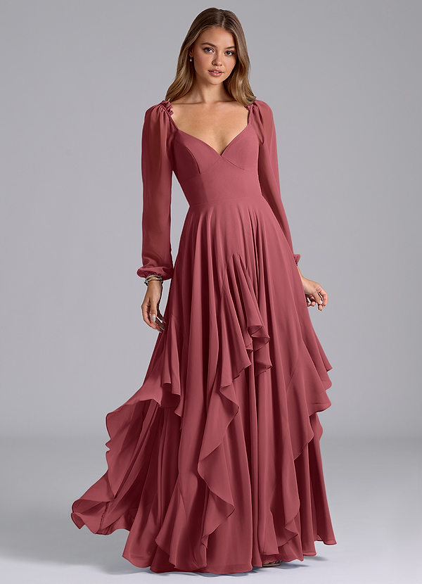 Azazie Karan Bridesmaid Dresses Merlot A-Line Long Sleeve Chiffon Dress image1