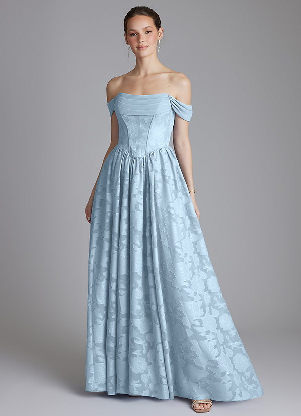 Azazie Raisa Bridesmaid Dresses Sky Blue A-Line Off the Shoulder Floral Burnout Dress image1