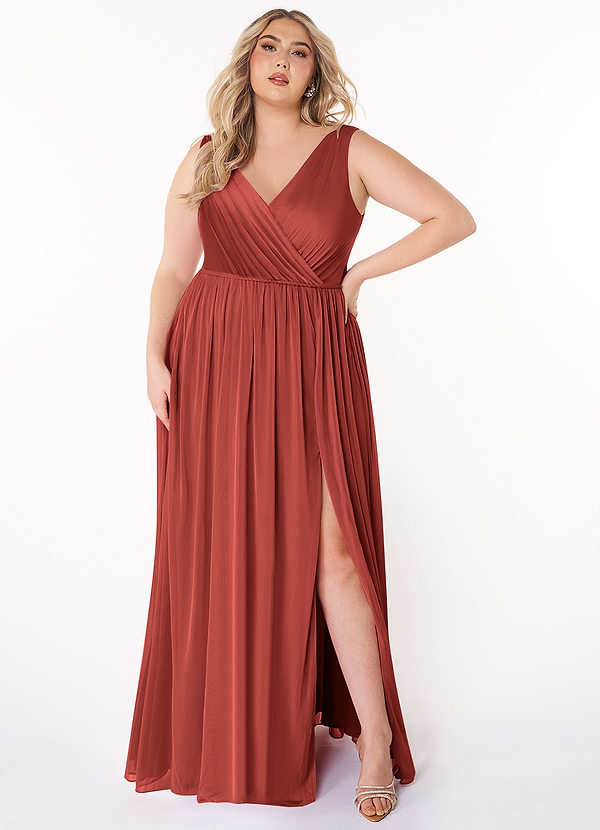 Azazie Tanicia Brautjungfernkleider A-Linie V-Hals Gefaltet Gittergewebe Kleid Terrakotta image1