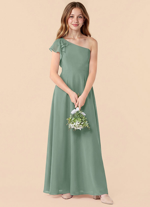 Azazie Arabella Junior Silver Sage A-Line Ruched Chiffon Dress image1
