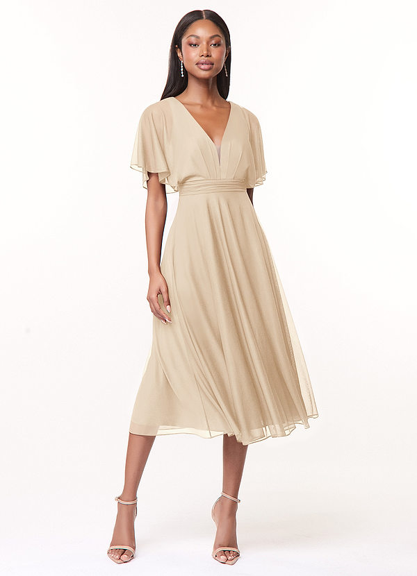 Azazie Tinsley Bridesmaid Dresses A-Line Pleated Mesh Tea-Length Dress image1