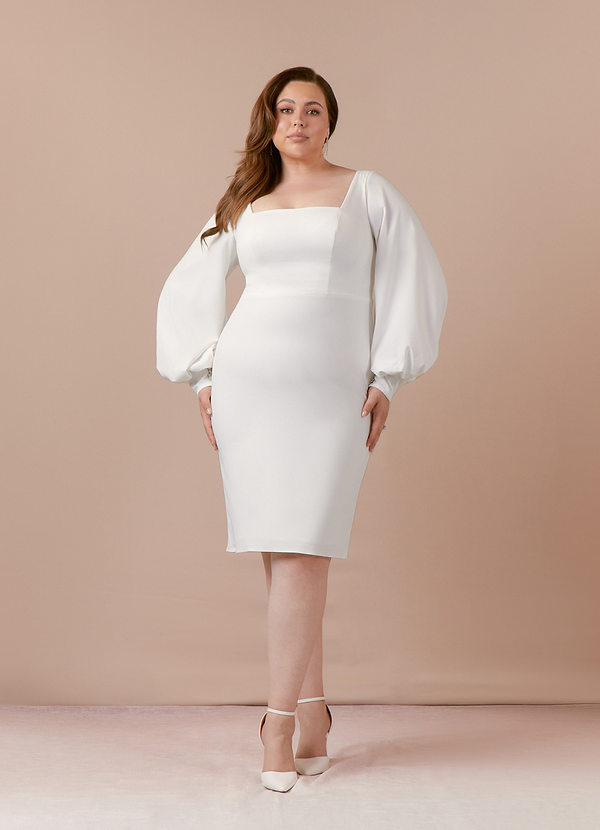 Azazie Opal Wedding Dresses Sheath Square Neckline Stretch Crepe Knee-Length Dress image1