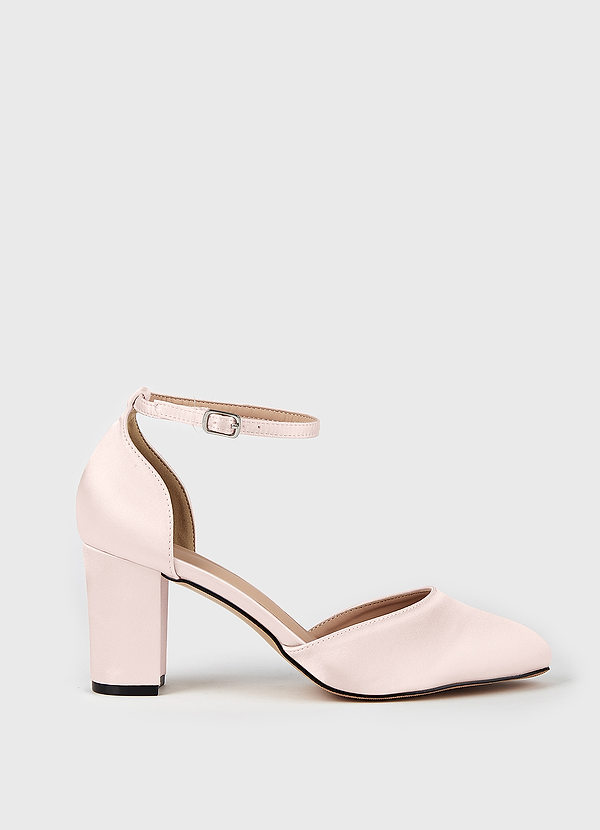 front Satin Ankle Strap Pointed Toe Block Heels