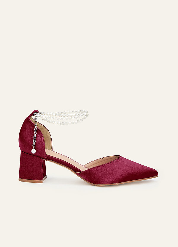front Matching Color Metallic Satin Pearl Strap Pointed Toe Block Heels