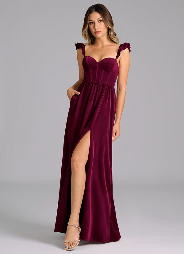 Azazie Denisse Brautjungfernkleider A-Linie Gestreift Samt Kleid Cabernetrot image1