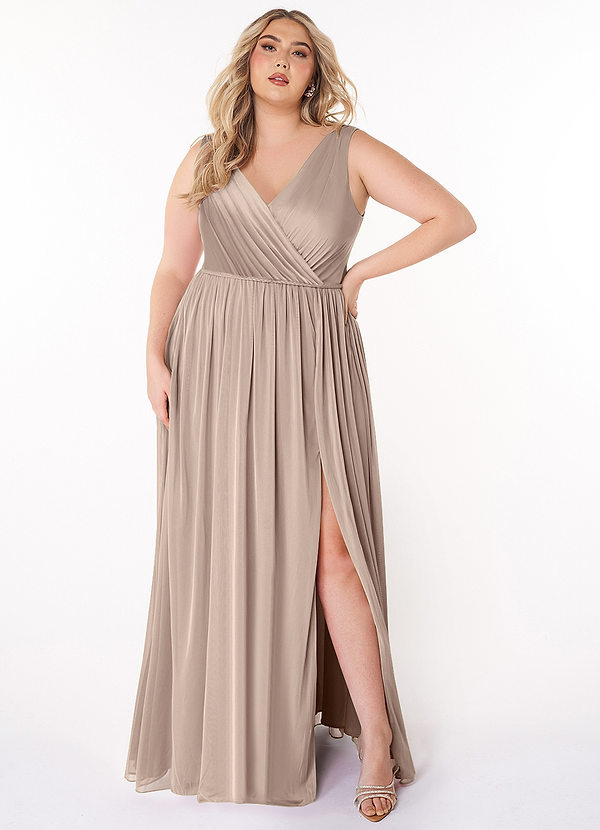 Azazie Tanicia Bridesmaid Dresses Taupe A-Line V-Neck Pleated Mesh Dress image1