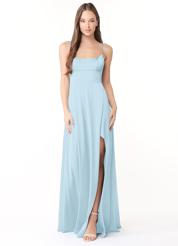 Azazie Halsey Vestidos Dama de Honor Vestido de Azul Cielo de Satén Elástico de Corte Recto con Corte Lateral image1