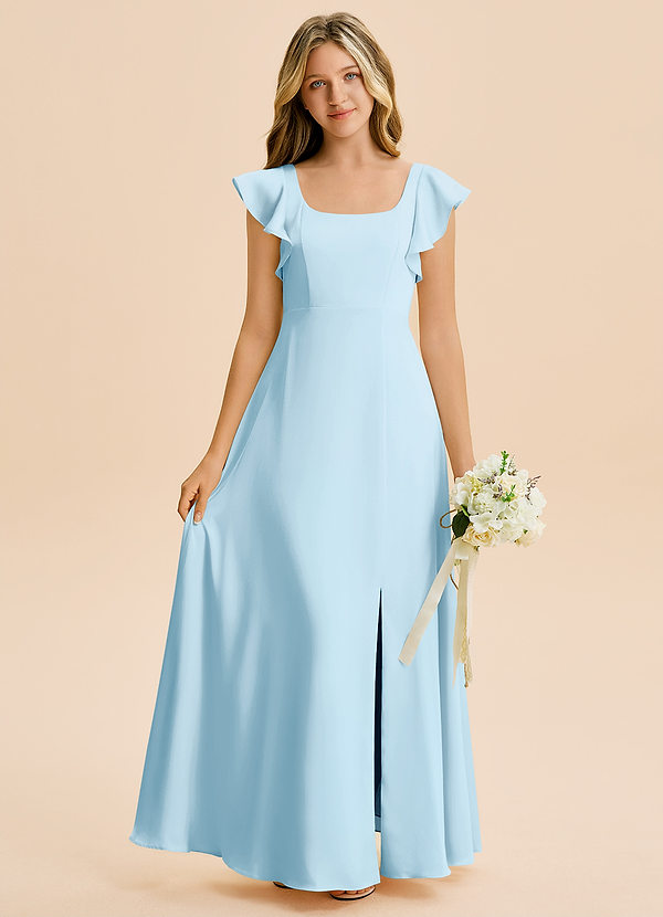 Azazie Bondi Junior Vestido de Azul Cielo de Satén Elástico de Corte en A con Corte Lateral image1