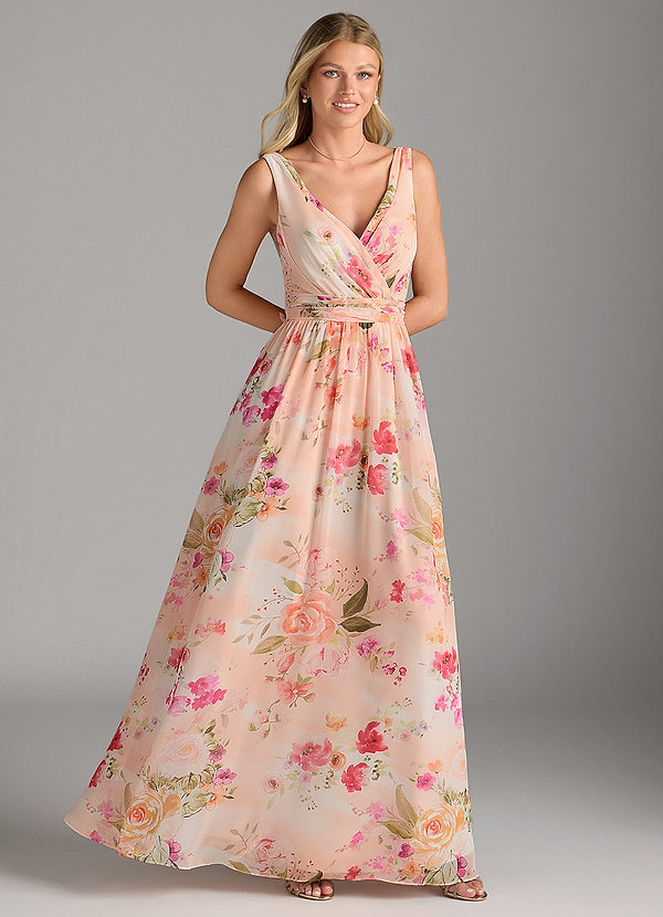 Azazie Kora Bridesmaid Dresses Abstract Bouquet Floral A-Line Pleated Chiffon Dress image1