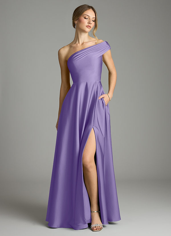 Melanie Bridesmaid Dresses Tahiti A-Line Off the Shoulder Stretch Satin Dress image1