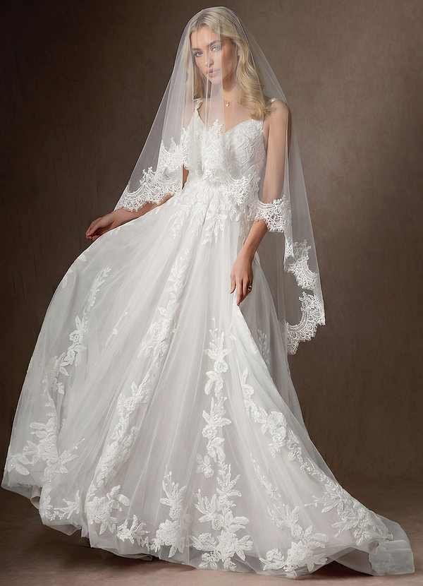 front Floral Lace Edge Two Tier Fingertip Wedding Veil with Blusher