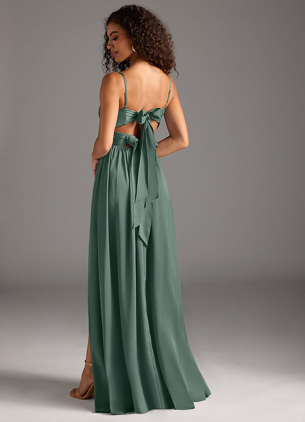 Azazie Zeya Bridesmaid Dresses Sea Moss A-Line Pleated Stretch Satin Dress image1