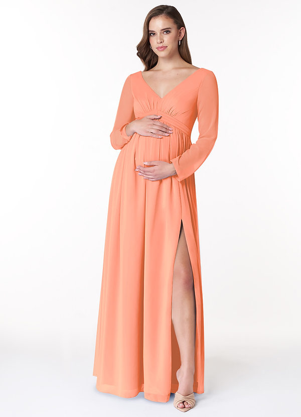 Azazie Teton Robe demoiselle d'honneur enceinte Robe Trapèze Manche longue Longueur ras du sol Mousseline de soie image1