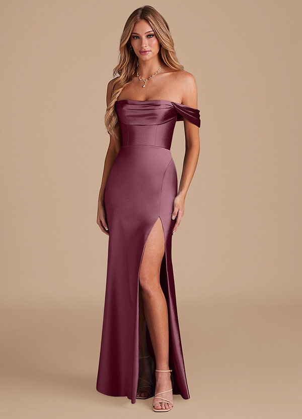 Azazie Saige Bridesmaid Dresses Cabernet Sheath Off the Shoulder Metallic Satin Convertible Dress image1