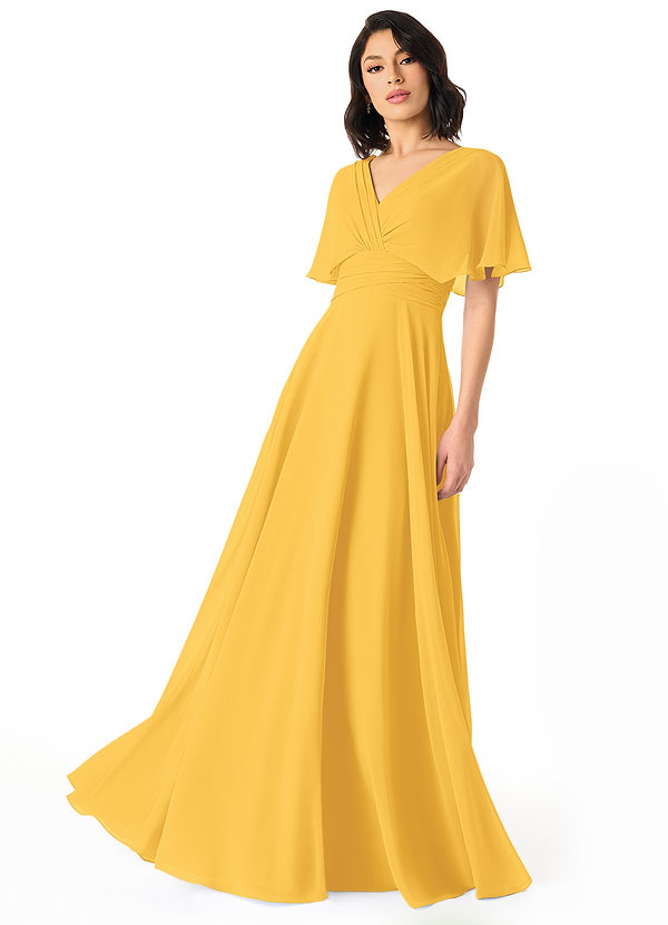 Azazie Pamela Bridesmaid Dresses Marigold A-Line V-Neck Pleated Chiffon Dress image1