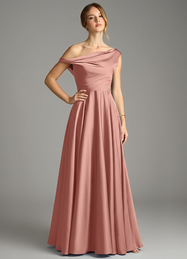 Azazie Xanthe Bridesmaid Dresses Rosette A-Line Off the Shoulder Stretch Satin Dress image1
