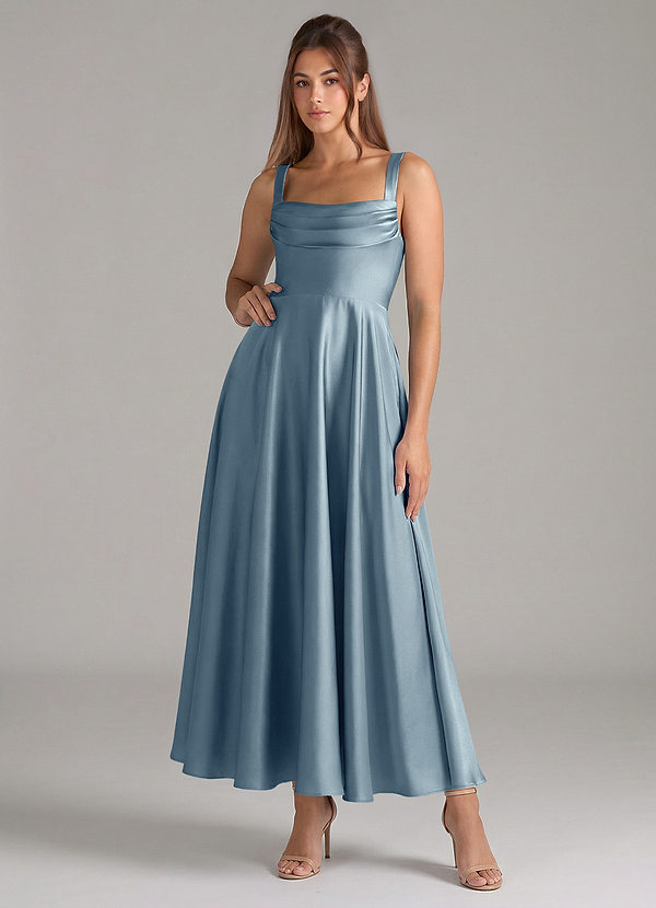 Azazie Shaude Bridesmaid Dresses Dusty Blue A-Line Pleated Stretch Satin Dress image1