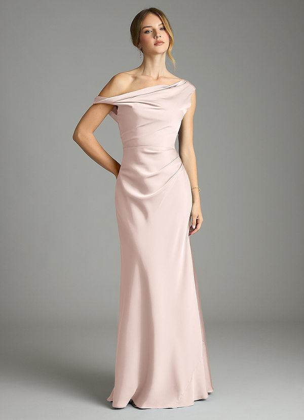 Azazie Emerson Bridesmaid Dresses Blushing Pink Mermaid Off the Shoulder Stretch Satin Dress image1