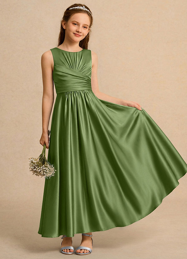 Azazie Ducky Girls Formal Flower Girl Dresses Juniper A-Line Pleated Stretch Satin Dress image1