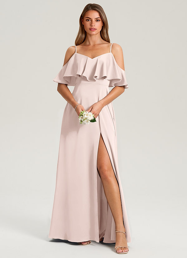Azazie Jean Bridesmaid Dresses Blushing Pink A-Line Off the Shoulder Stretch Satin Dress image1