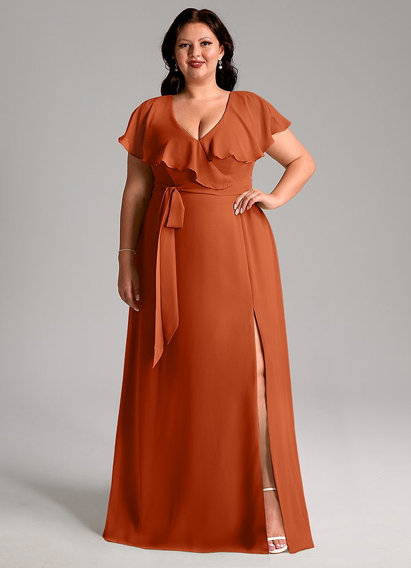 Azazie Lainey Bridesmaid Dresses Burnt Orange A-Line with Pockets Chiffon Dress image1