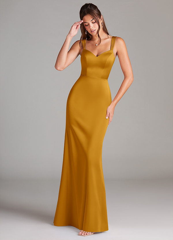 Azazie Denice Bridesmaid Dresses Butterscotch Sheath Pleated Stretch Satin Dress image1