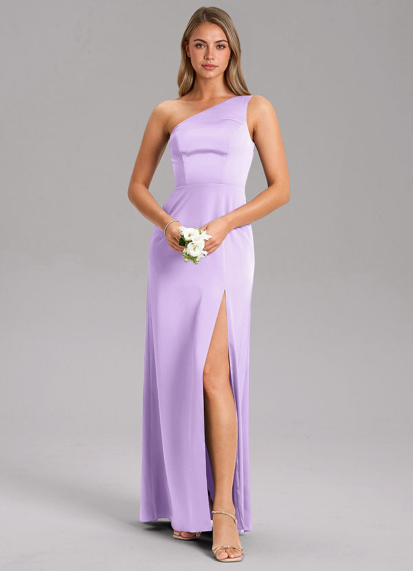 Azazie Phaedra Bridesmaid Dresses Lilac A-Line One Shoulder Stretch Satin Dress image1
