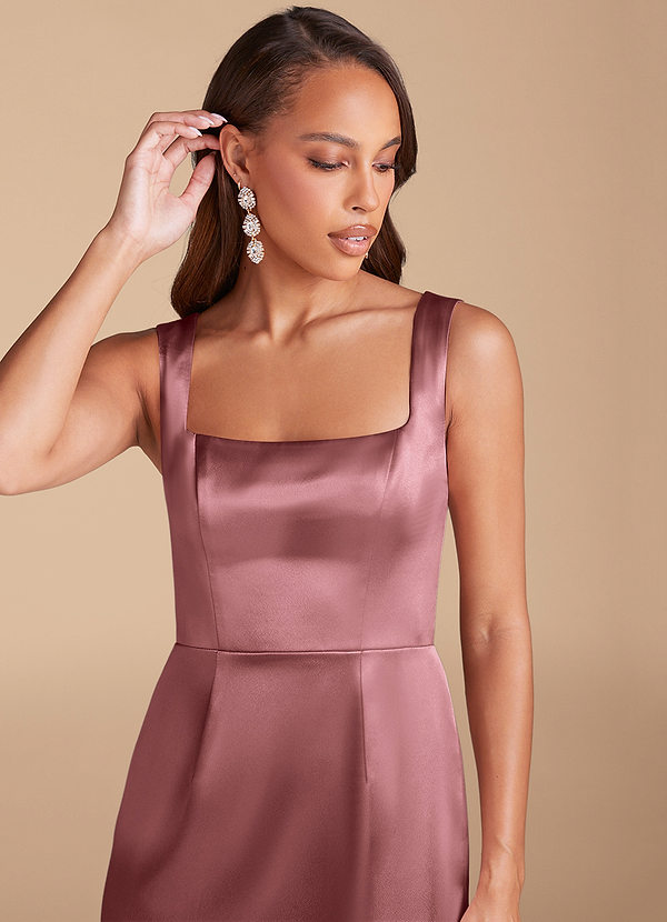 Azazie Flori Bridesmaid Dresses Vintage Mauve Sheath Side Slit Metallic Satin Dress image1